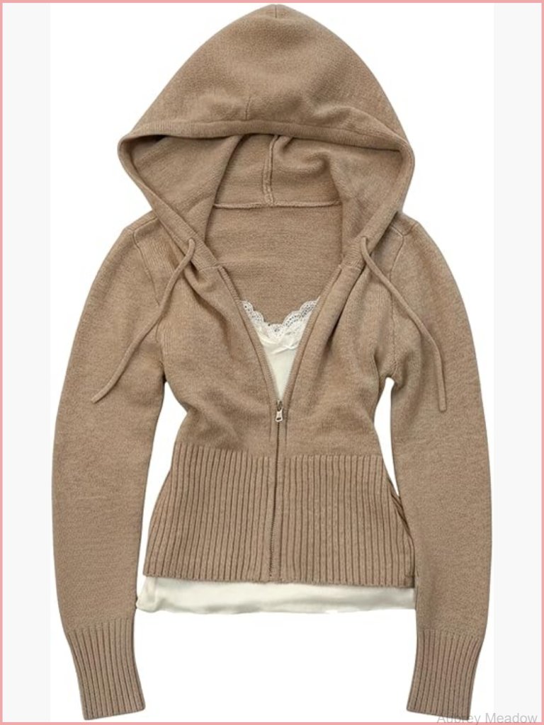 Zip Up Hooded Cardigan Sweater Drawstring Long Sleeve Crop Outerwear